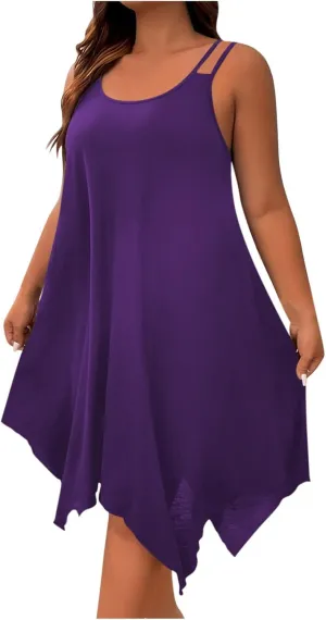 Summer Plus Size Midi Dress for Women Irregular Hem Flowy Sundress Loose Fit Scoop Neck Sleeveless T Shirt Dresses