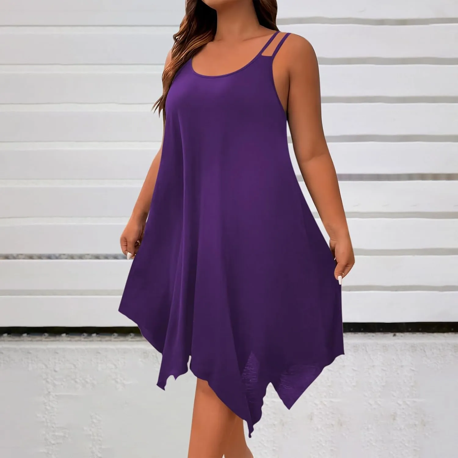 Summer Plus Size Midi Dress for Women Irregular Hem Flowy Sundress Loose Fit Scoop Neck Sleeveless T Shirt Dresses