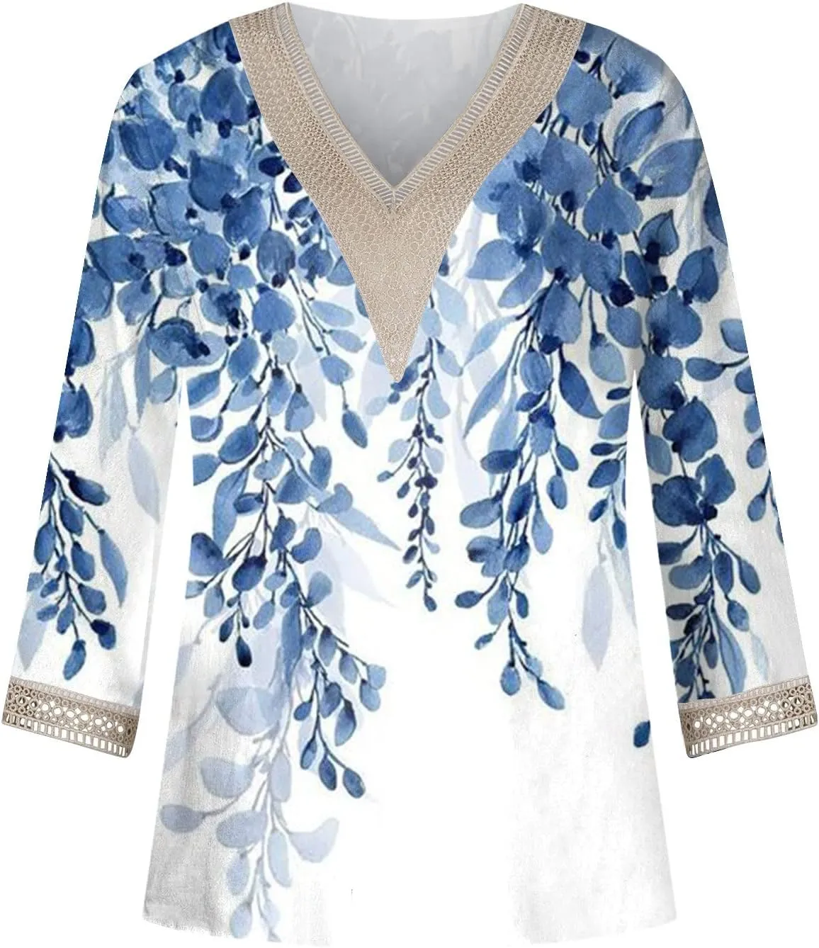 Summer Tops for Women 2024 3/4 Sleeve Bohemian T-Shirts for Womens V Neck Loose Frill Floral Trendy Shirt