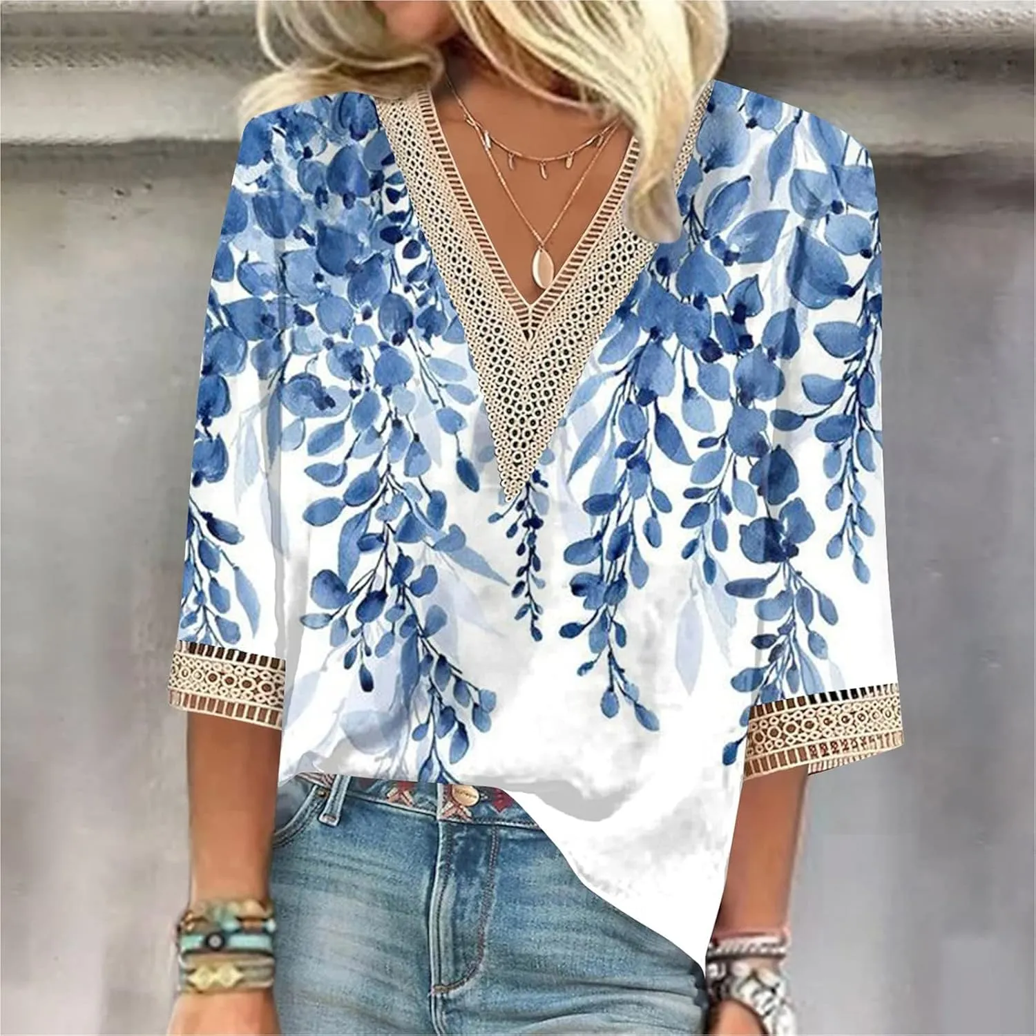 Summer Tops for Women 2024 3/4 Sleeve Bohemian T-Shirts for Womens V Neck Loose Frill Floral Trendy Shirt