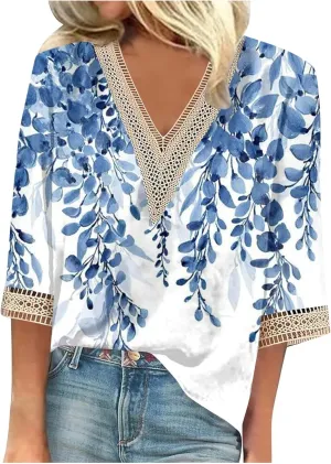 Summer Tops for Women 2024 3/4 Sleeve Bohemian T-Shirts for Womens V Neck Loose Frill Floral Trendy Shirt