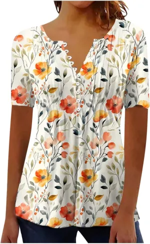 Summer Tops for Women 2025 Short Sleeve Button Down Shirts Casual Dressy Floral Shirt Boho Beach Vacation Blouses