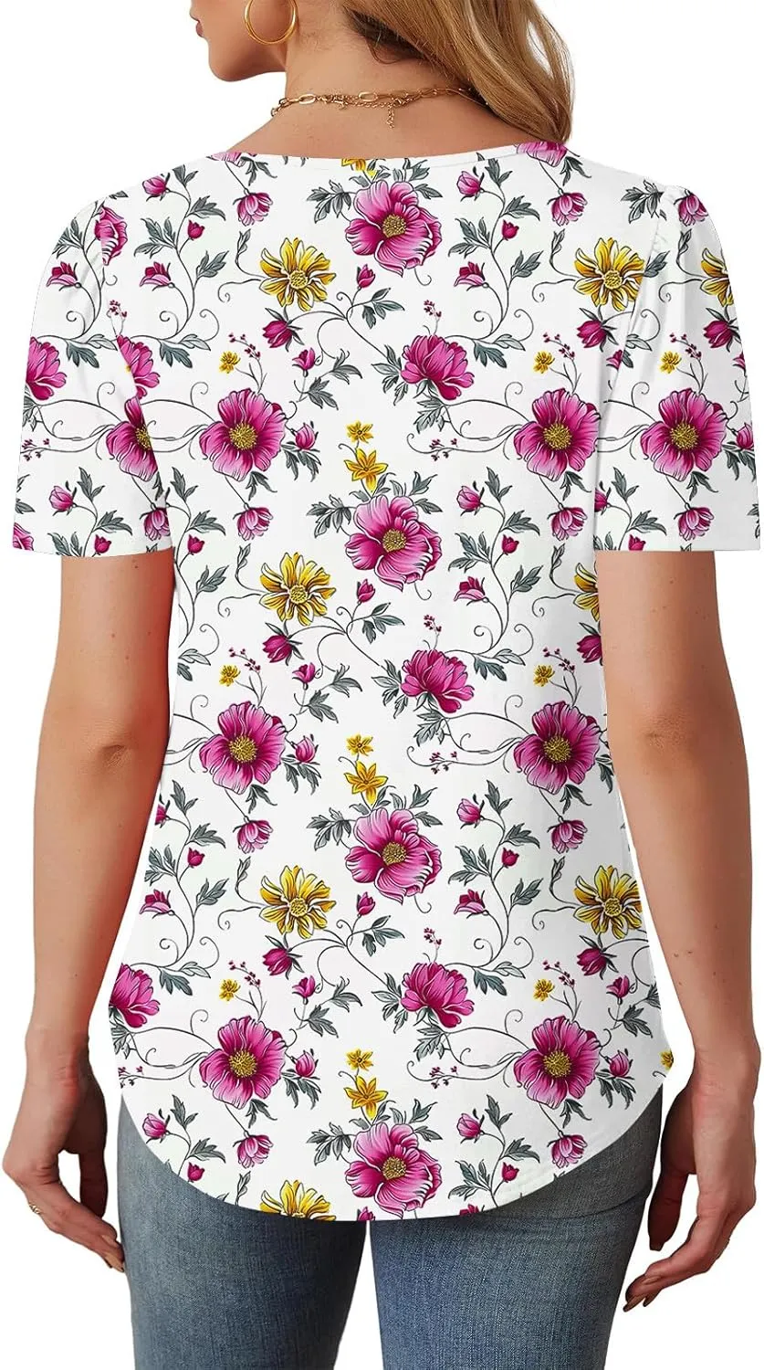 Summer Tops for Women 2025 Short Sleeve Floral Print Graphic Tees Trendy Boho Tops Dressy Casual Tunic Hawaiian Shirt