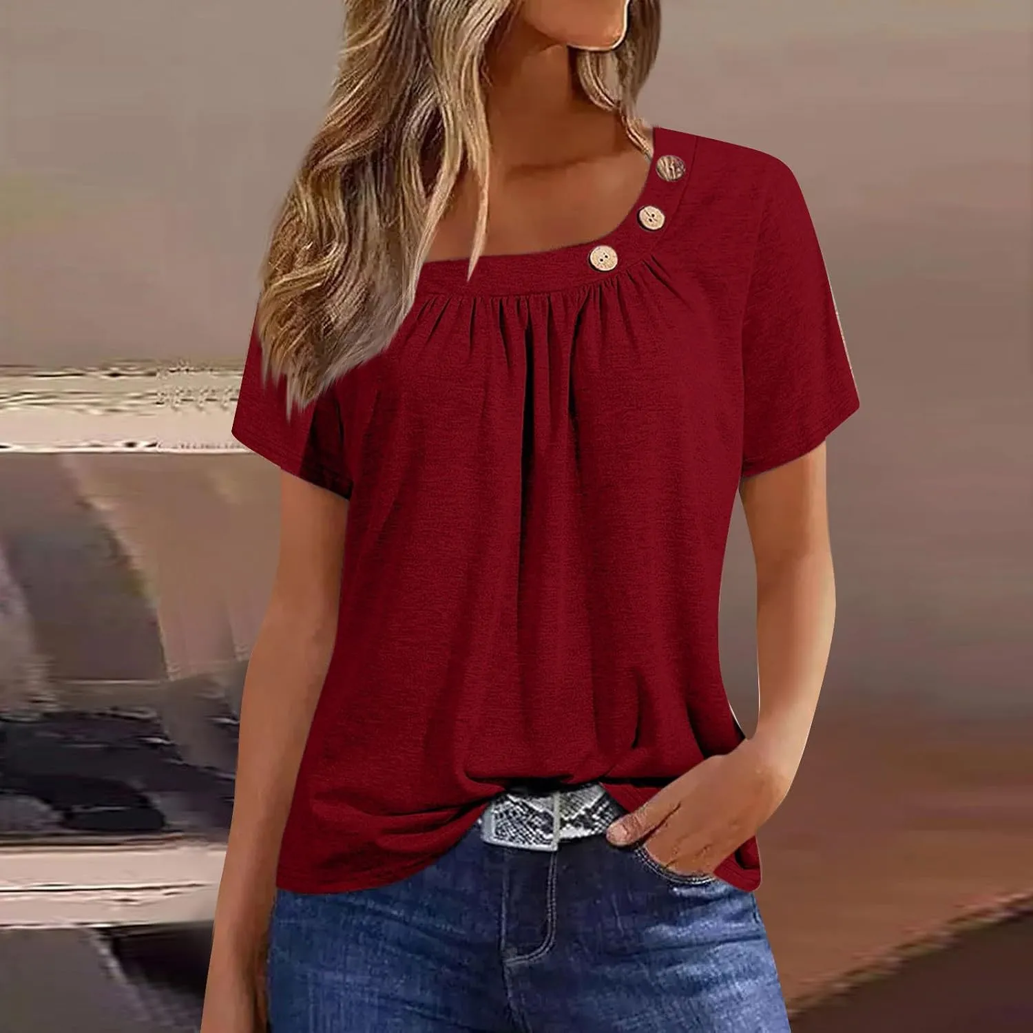 Summer Tops for Women 2025 Short Sleeve Shirts Dressy Casual Loose Fitted T-Shirts Button Decor Plain Tunic Tops Blouse