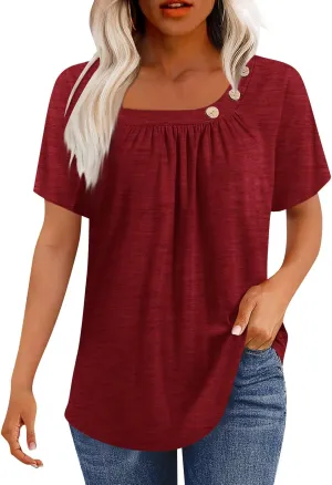 Summer Tops for Women 2025 Short Sleeve Shirts Dressy Casual Loose Fitted T-Shirts Button Decor Plain Tunic Tops Blouse