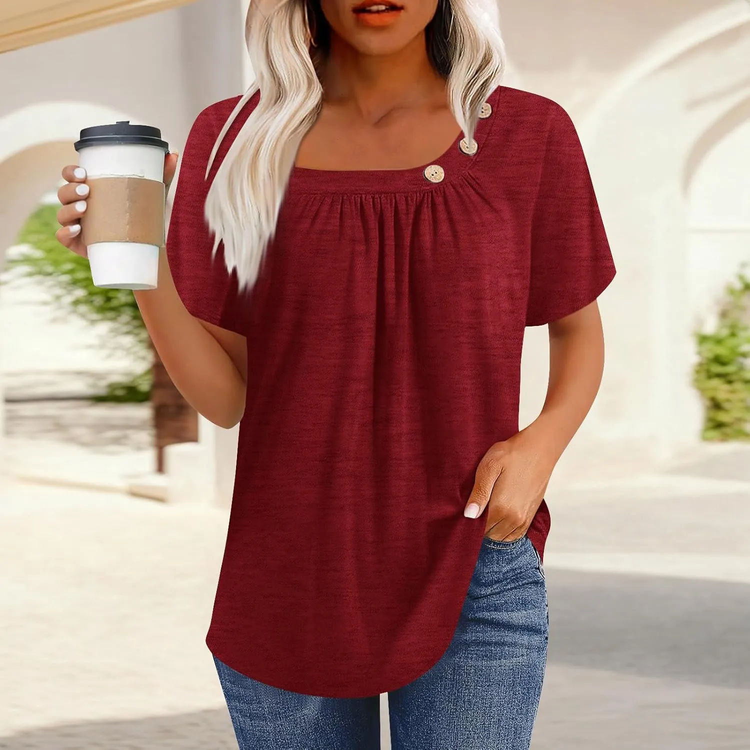 Summer Tops for Women 2025 Short Sleeve Shirts Dressy Casual Loose Fitted T-Shirts Button Decor Plain Tunic Tops Blouse