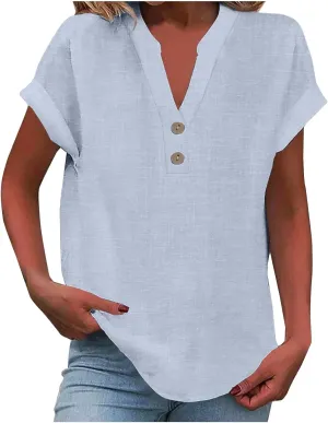 Summer Tops for Women 2025 Trendy Short Sleeve Cotton Linen Shirt Casual Button V Neck Tunic Blouses Work Outfits