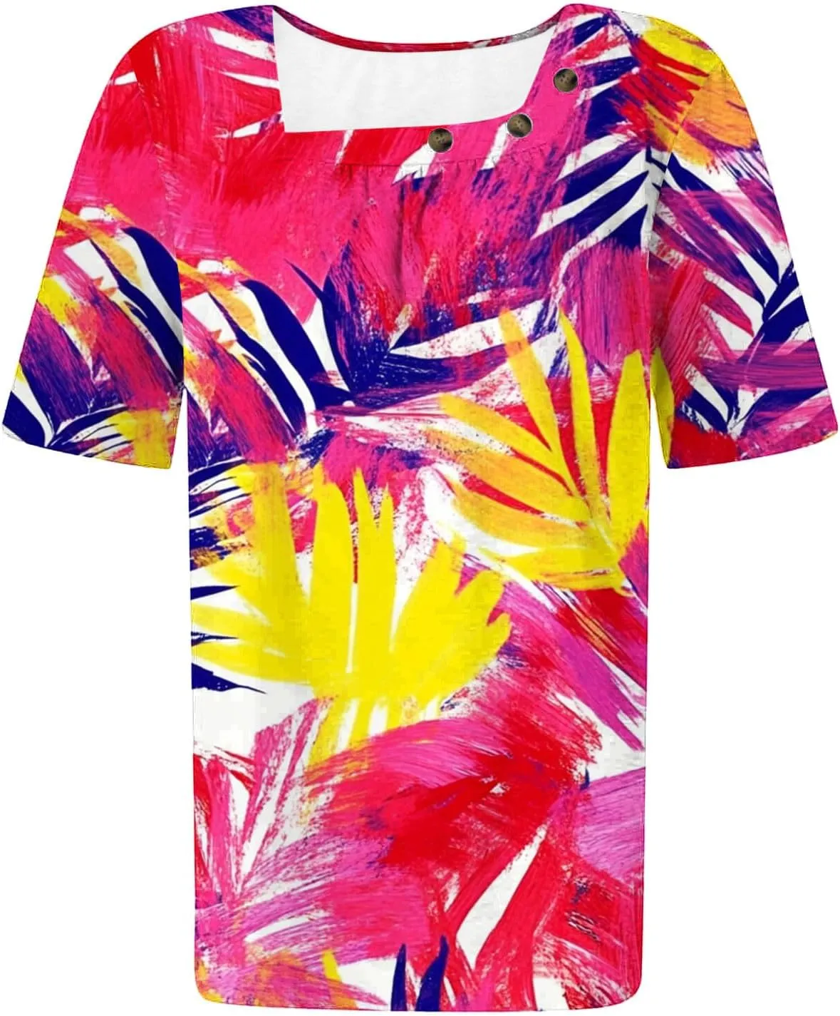 Summer Tops for Women 2025 Trendy Short Sleeve Shirt Boho Floral Tshirt Pleated Front Button Square Neck Tunic Blouse