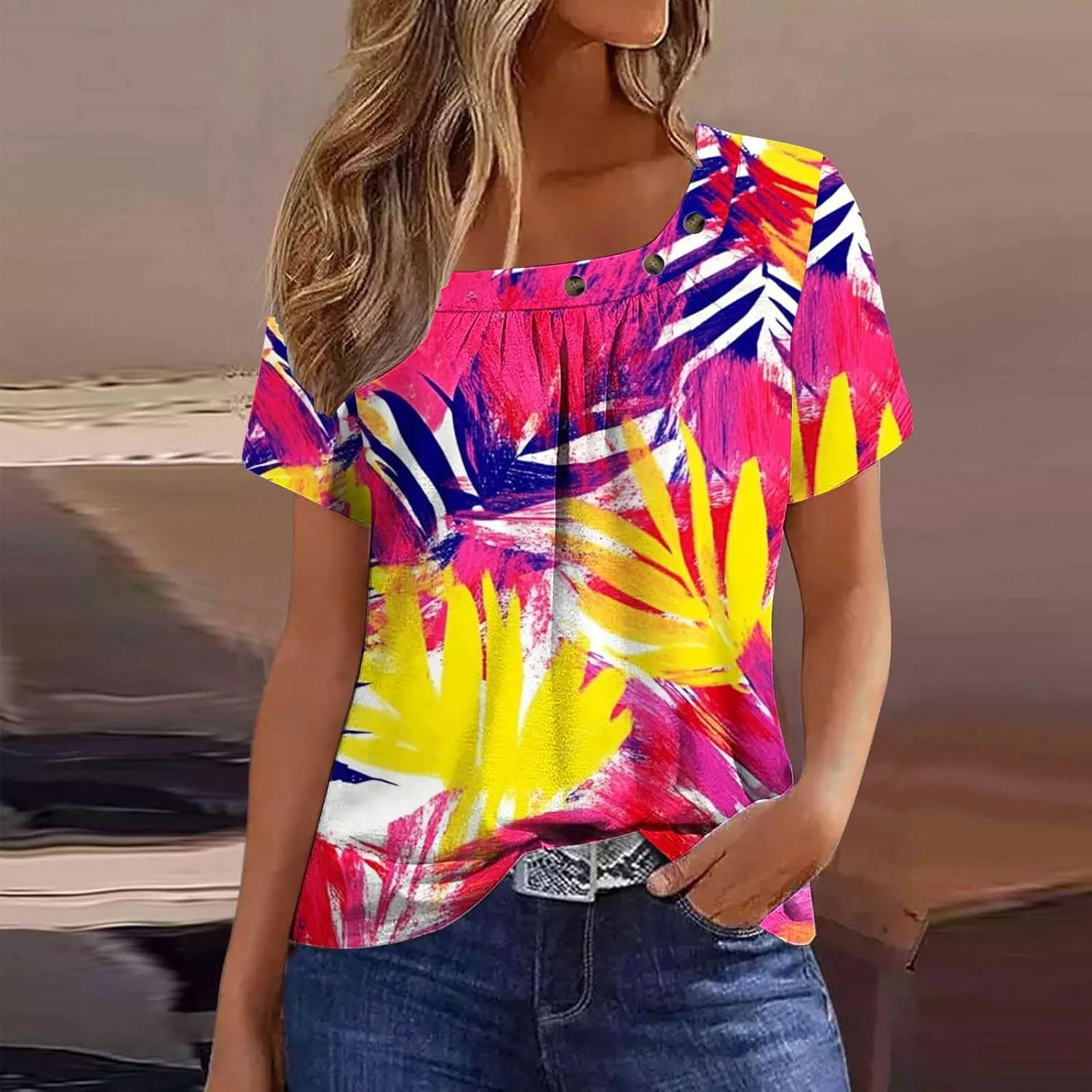 Summer Tops for Women 2025 Trendy Short Sleeve Shirt Boho Floral Tshirt Pleated Front Button Square Neck Tunic Blouse