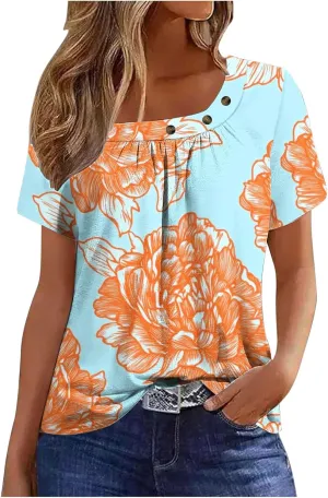 Summer Tops for Women 2025 Trendy Short Sleeve Shirt Boho Floral Tshirt Pleated Front Button Square Neck Tunic Blouse