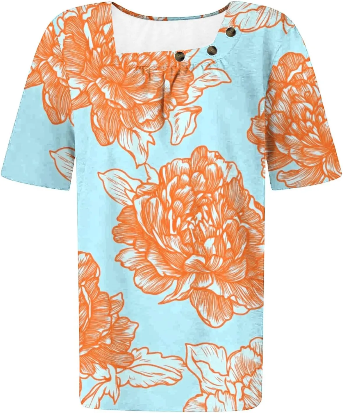 Summer Tops for Women 2025 Trendy Short Sleeve Shirt Boho Floral Tshirt Pleated Front Button Square Neck Tunic Blouse