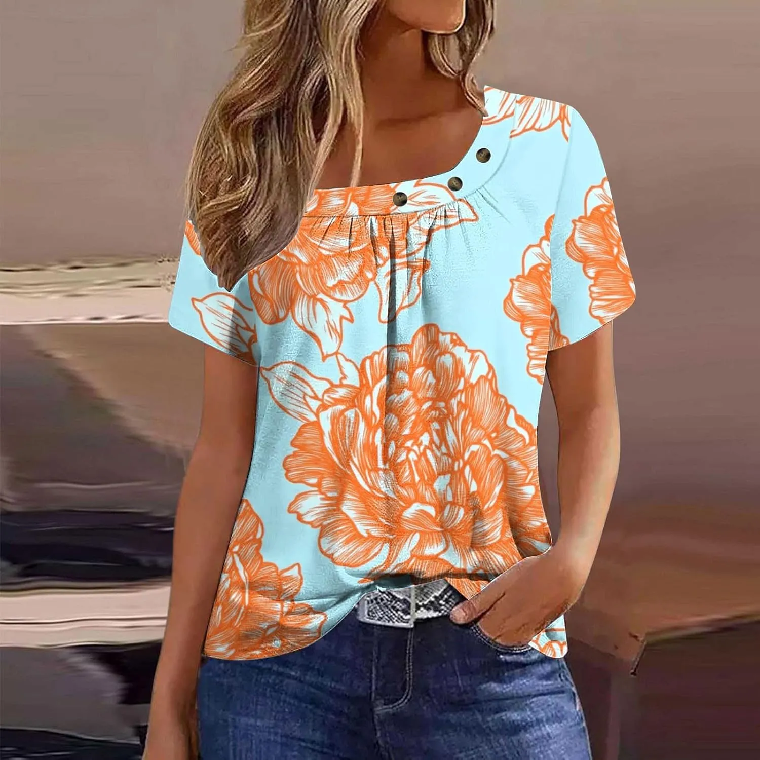 Summer Tops for Women 2025 Trendy Short Sleeve Shirt Boho Floral Tshirt Pleated Front Button Square Neck Tunic Blouse