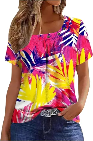 Summer Tops for Women 2025 Trendy Short Sleeve Shirt Boho Floral Tshirt Pleated Front Button Square Neck Tunic Blouse