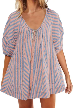 Sun Dresses for Women 2024 Casual Stripes Print Oversized Babydoll Mini Dress Short Sleeve V-Neck Lace Up Sundresses