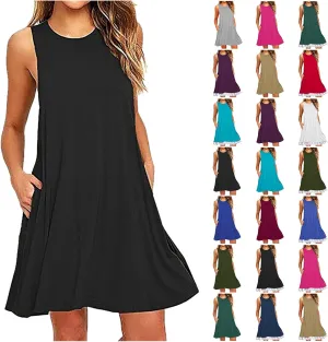 Sun Dresses for Women 2024 Summer Sleeveless Crew Neck Mini Dress Casual Loose Comfy Beach Tank Dress with Pockets
