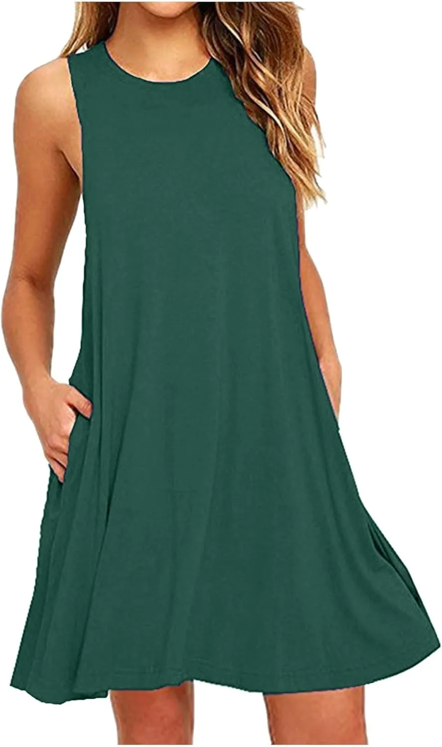 Sun Dresses for Women 2024 Summer Sleeveless Crew Neck Mini Dress Casual Loose Comfy Beach Tank Dress with Pockets