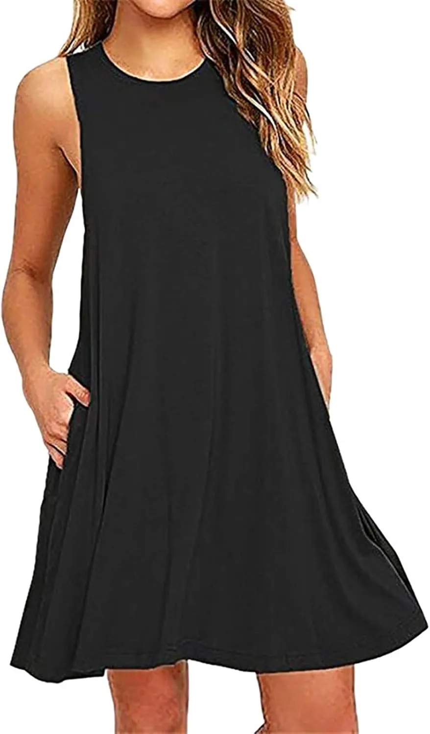 Sun Dresses for Women 2024 Summer Sleeveless Crew Neck Mini Dress Casual Loose Comfy Beach Tank Dress with Pockets