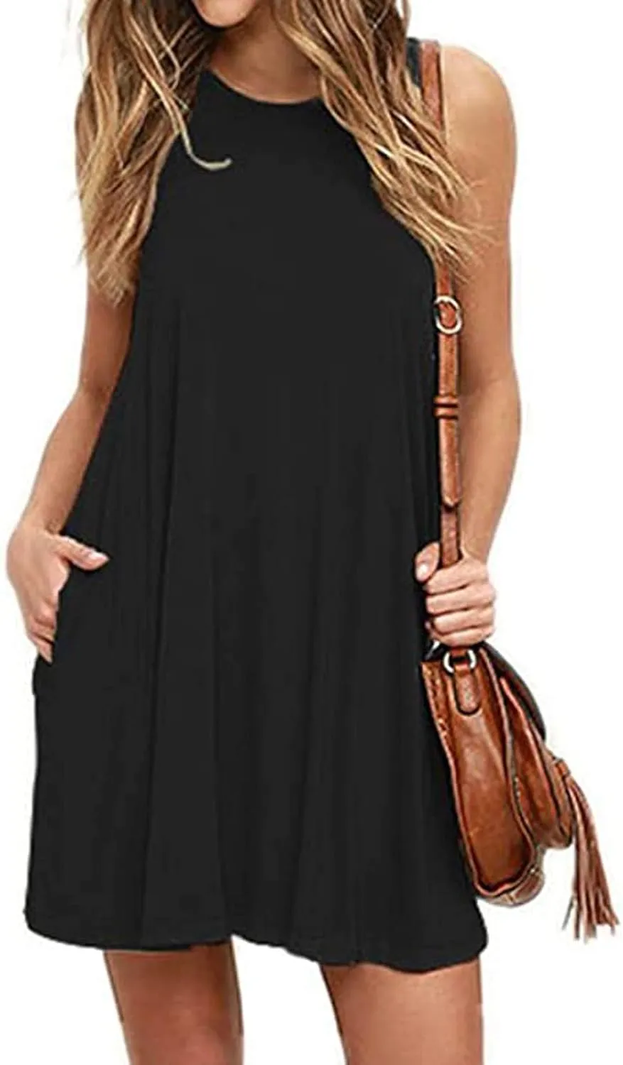 Sun Dresses for Women 2024 Summer Sleeveless Crew Neck Mini Dress Casual Loose Comfy Beach Tank Dress with Pockets