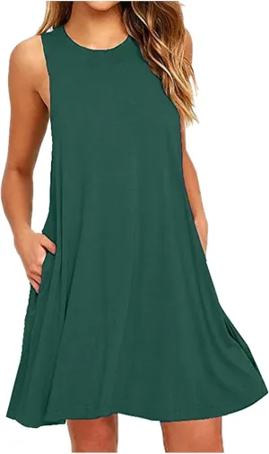 Sun Dresses for Women 2024 Summer Sleeveless Crew Neck Mini Dress Casual Loose Comfy Beach Tank Dress with Pockets