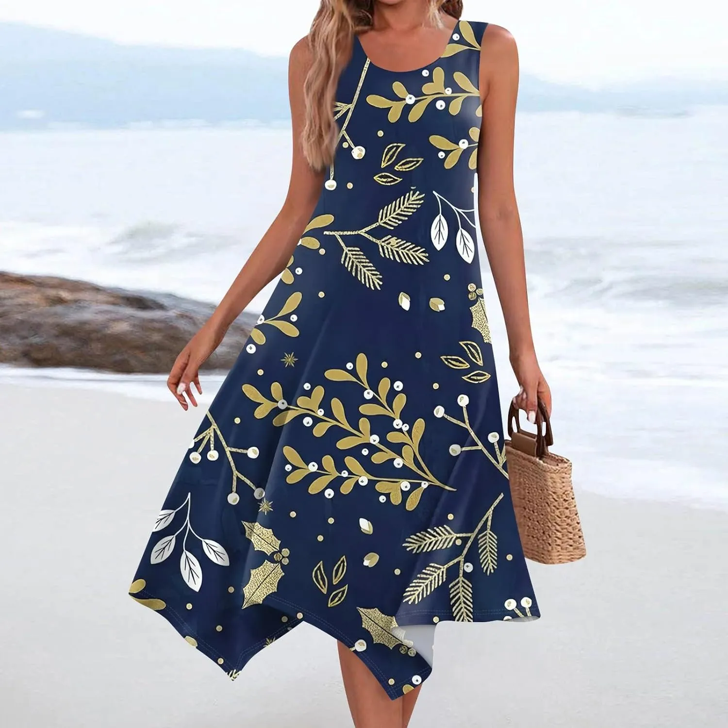 Sun Dresses for Women 2025 Womens Casual Summer Hawaiian Flowy A-Line Midi Dress Boho Beach Sleeveless Tank Dresses