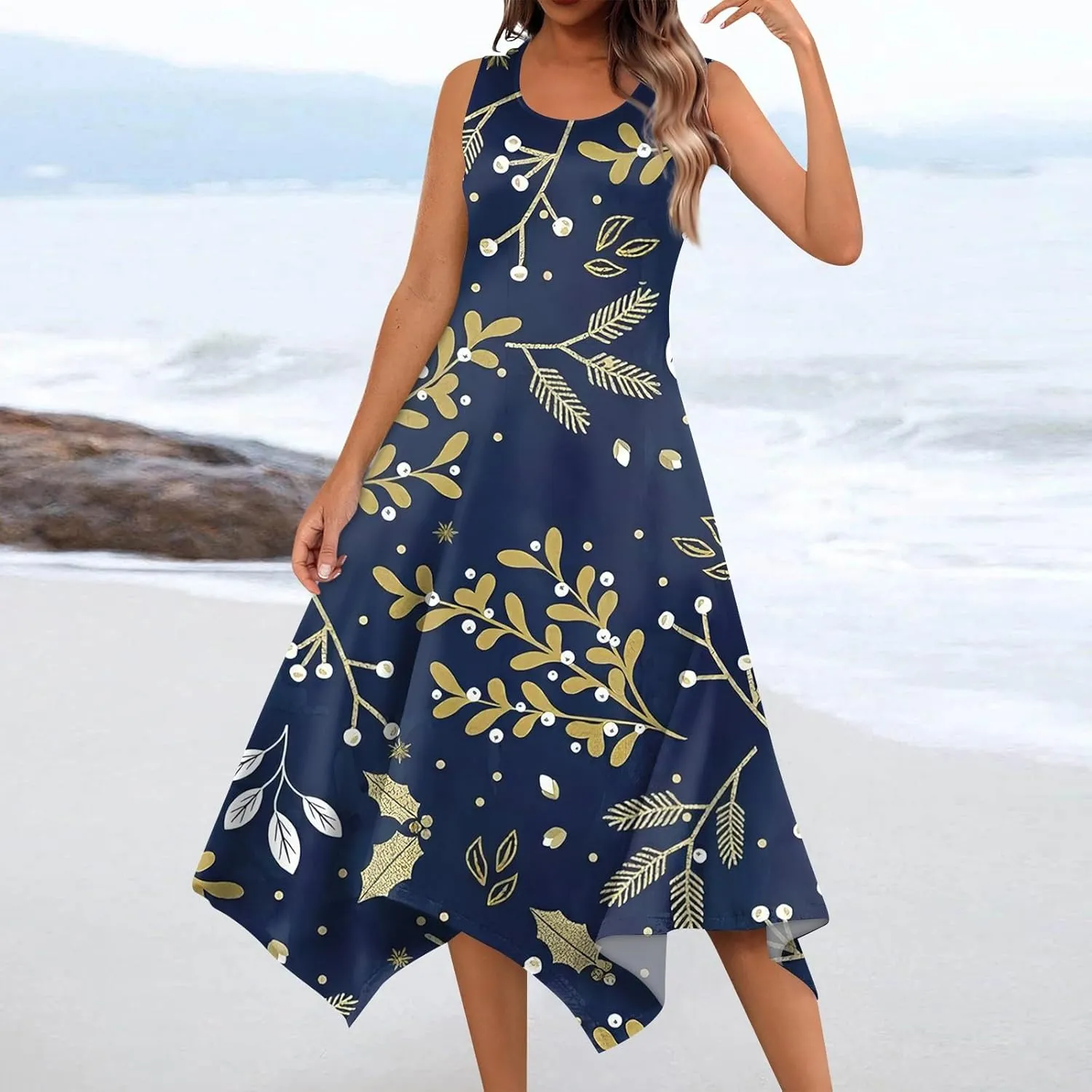 Sun Dresses for Women 2025 Womens Casual Summer Hawaiian Flowy A-Line Midi Dress Boho Beach Sleeveless Tank Dresses