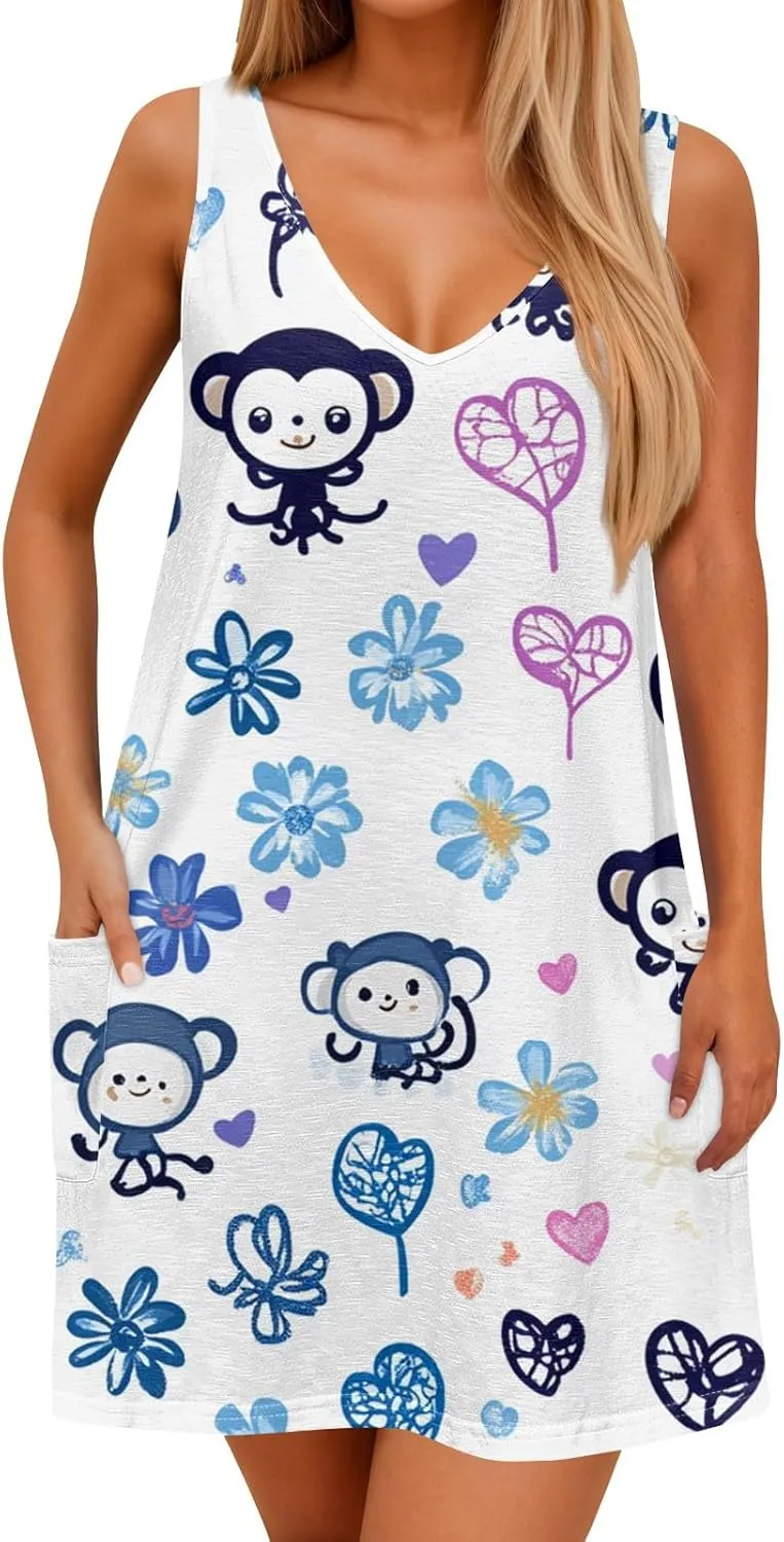 Sun Dresses Women Summer Casual V Neck Sundresses Boho Tank Dress Beach Vacation Clothes with Pockets