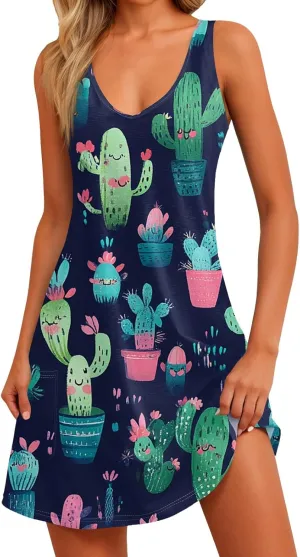 Sun Dresses Women Summer Casual V Neck Sundresses Boho Tank Dress Beach Vacation Clothes with Pockets