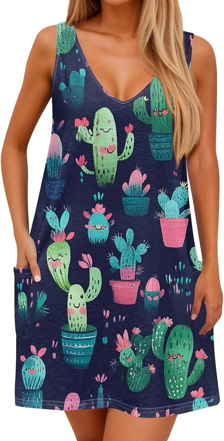 Sun Dresses Women Summer Casual V Neck Sundresses Boho Tank Dress Beach Vacation Clothes with Pockets