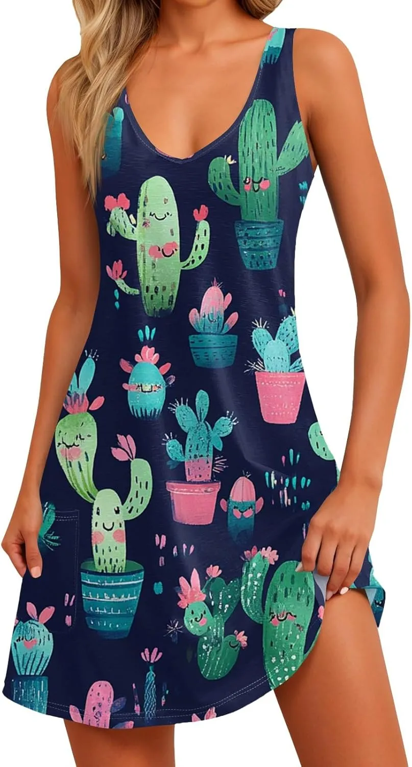 Sun Dresses Women Summer Casual V Neck Sundresses Boho Tank Dress Beach Vacation Clothes with Pockets