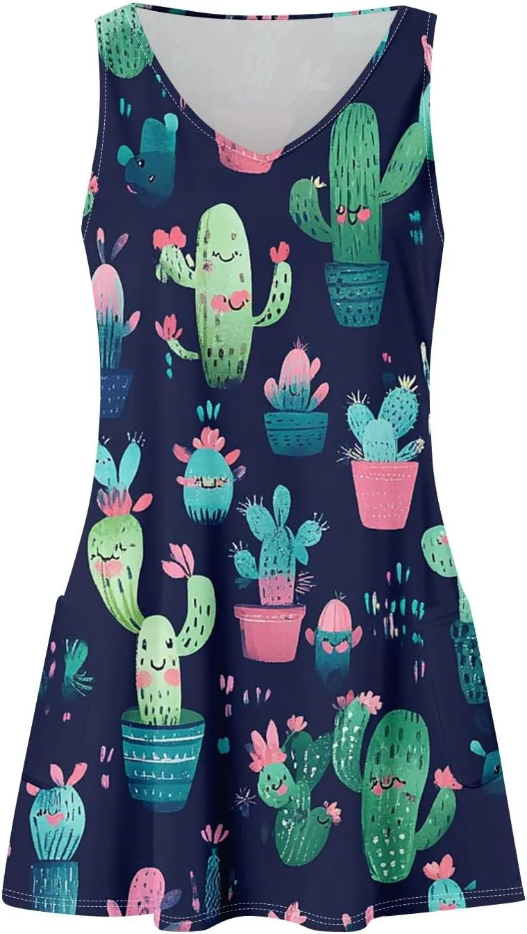 Sun Dresses Women Summer Casual V Neck Sundresses Boho Tank Dress Beach Vacation Clothes with Pockets