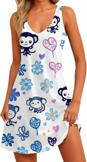 Sun Dresses Women Summer Casual V Neck Sundresses Boho Tank Dress Beach Vacation Clothes with Pockets