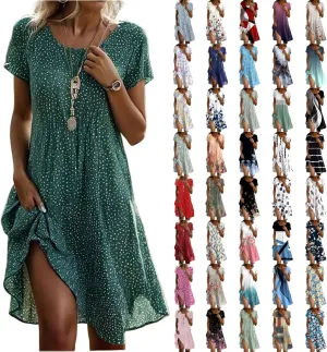 Sundresses for Women 2025 Summer Short Sleeve Scoop Neck Vacation Beach Dresses Elegant Boho Floral Hawaiian Dress