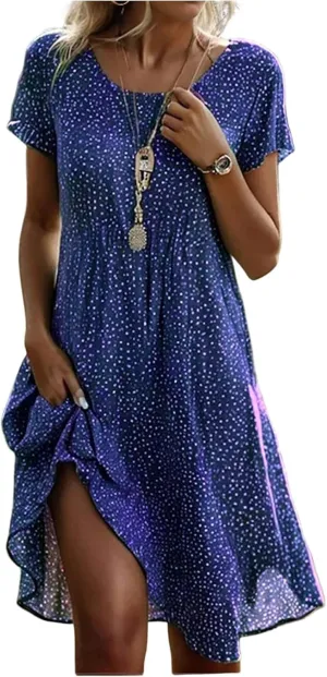 Sundresses for Women 2025 Summer Short Sleeve Scoop Neck Vacation Beach Dresses Elegant Boho Floral Hawaiian Dress