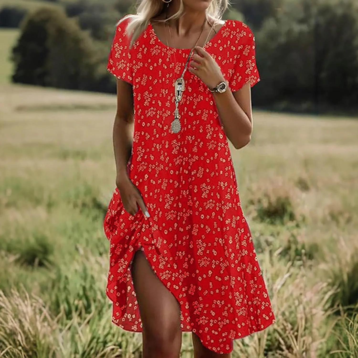 Sundresses for Women 2025 Summer Short Sleeve Scoop Neck Vacation Beach Dresses Elegant Boho Floral Hawaiian Dress