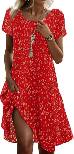 Sundresses for Women 2025 Summer Short Sleeve Scoop Neck Vacation Beach Dresses Elegant Boho Floral Hawaiian Dress