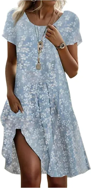 Sundresses for Women 2025 Summer Short Sleeve Scoop Neck Vacation Beach Dresses Elegant Boho Floral Hawaiian Dress
