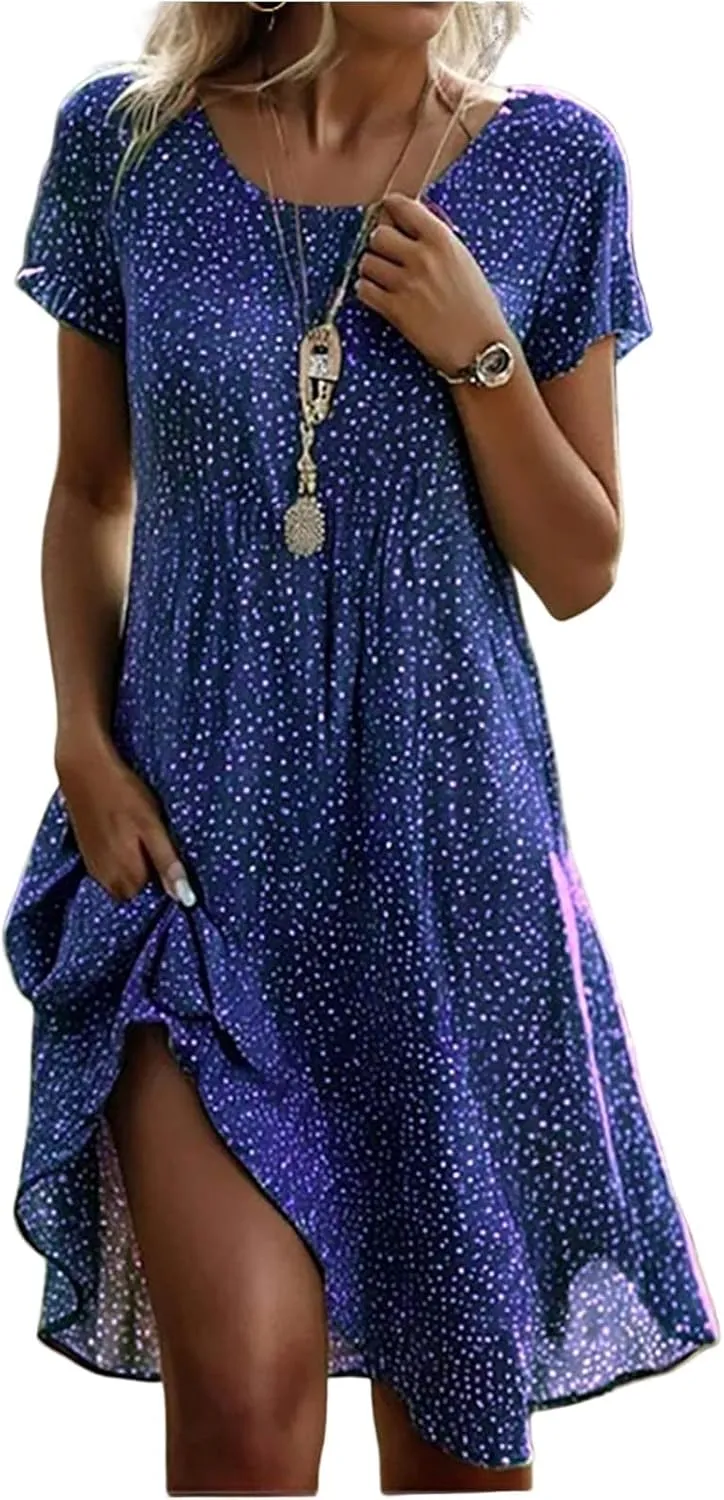 Sundresses for Women 2025 Summer Short Sleeve Scoop Neck Vacation Beach Dresses Elegant Boho Floral Hawaiian Dress
