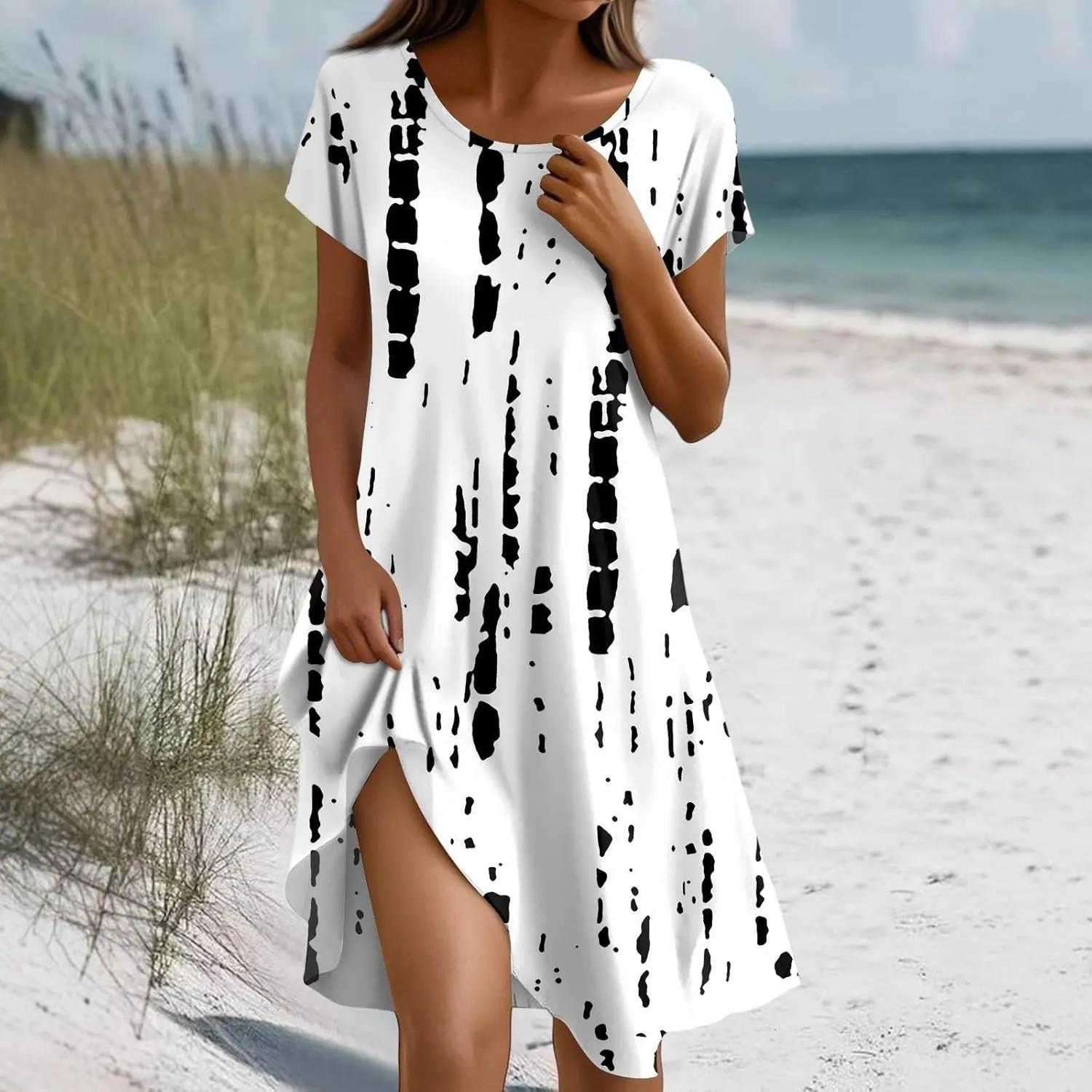 Sundresses for Women 2025 Summer Short Sleeve Scoop Neck Vacation Beach Dresses Elegant Boho Floral Hawaiian Dress