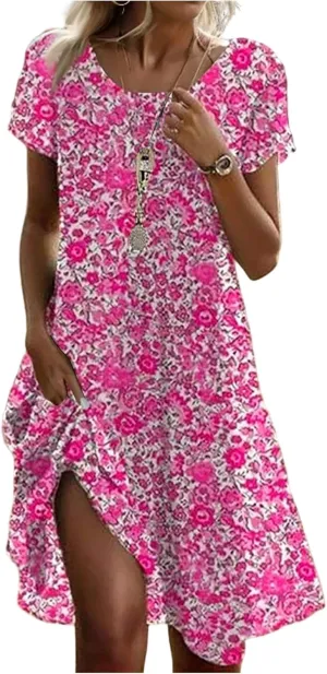 Sundresses for Women 2025 Summer Short Sleeve Scoop Neck Vacation Beach Dresses Elegant Boho Floral Hawaiian Dress