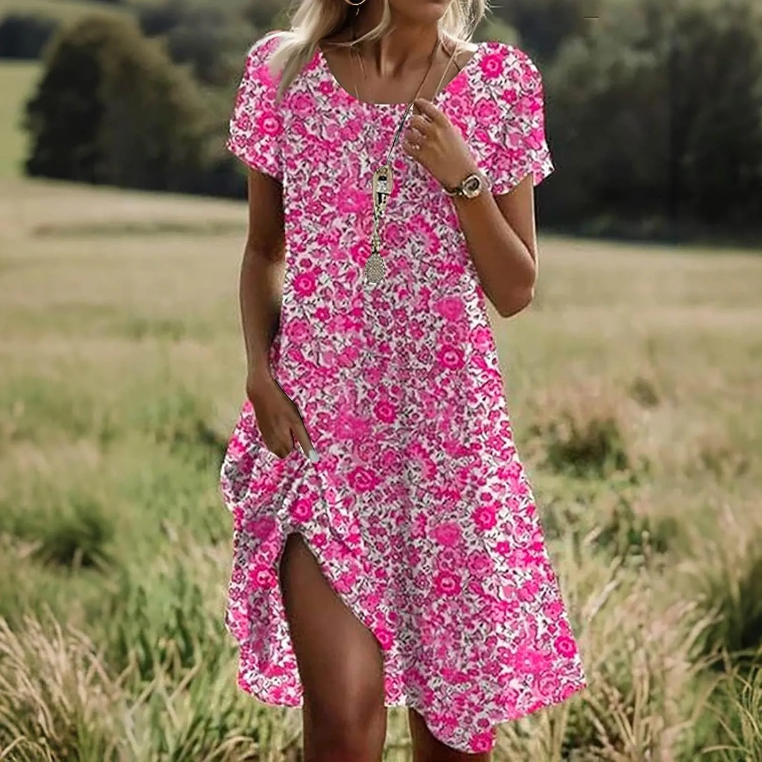Sundresses for Women 2025 Summer Short Sleeve Scoop Neck Vacation Beach Dresses Elegant Boho Floral Hawaiian Dress