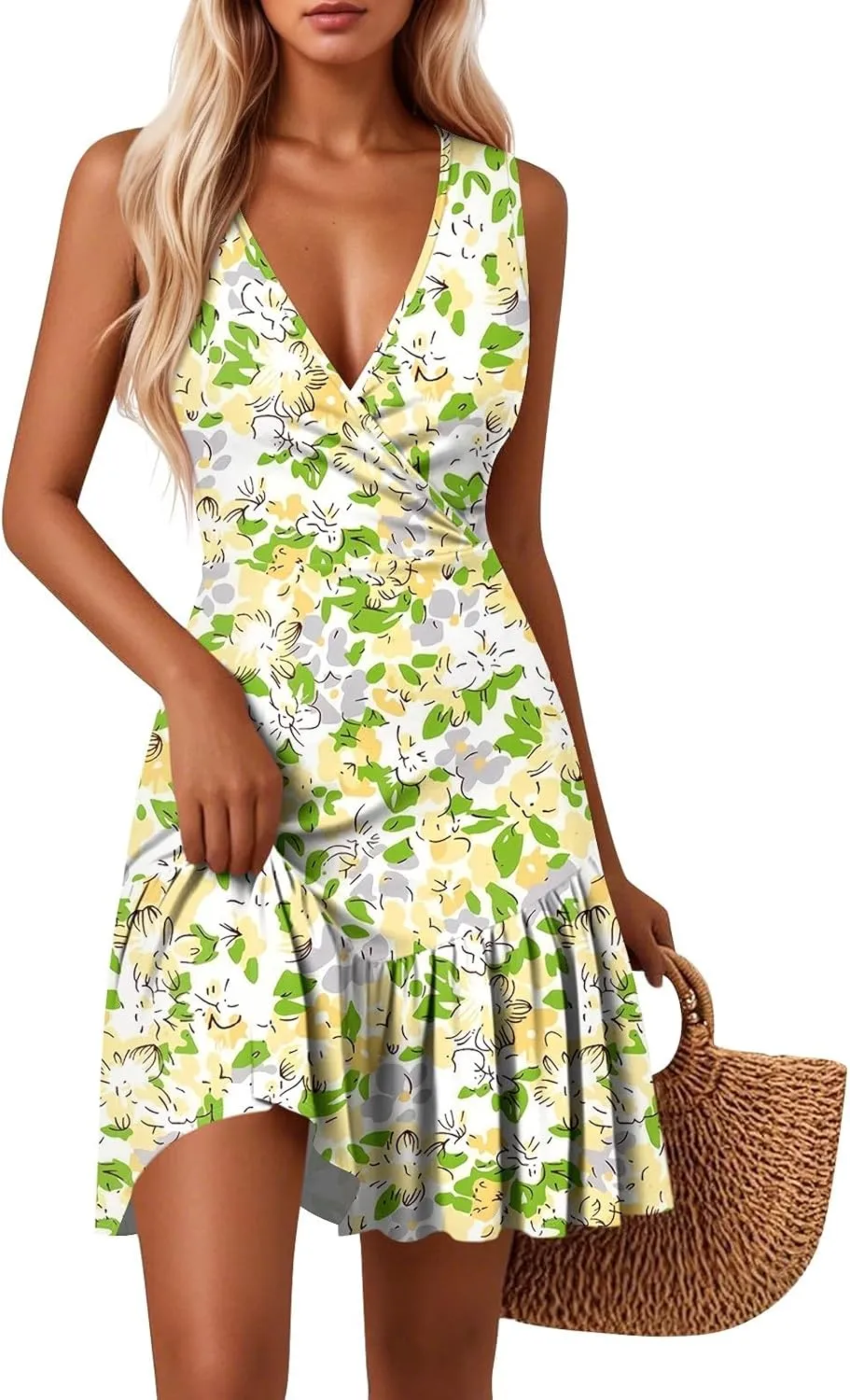 Sundresses for Women 2025,Womens Summer Sleeveless Sexy Wrap V Neck Floral Dress A-Line Ruffle Mini Dress