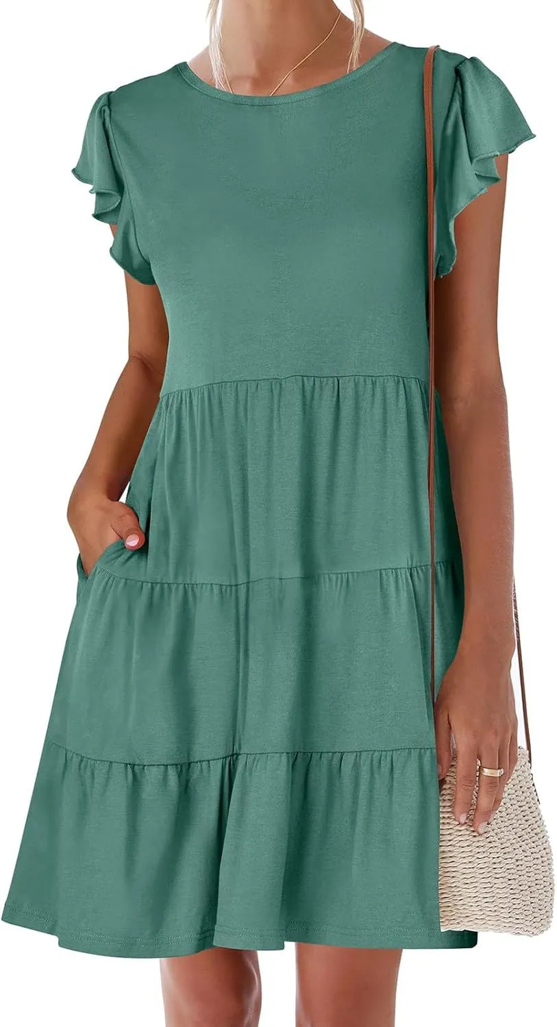 Sundresses for Women Ruffles Cap Sleeve Short Mini Dress Wedding Guest Cute Mini Tiered Babydoll Casual Summer Dress
