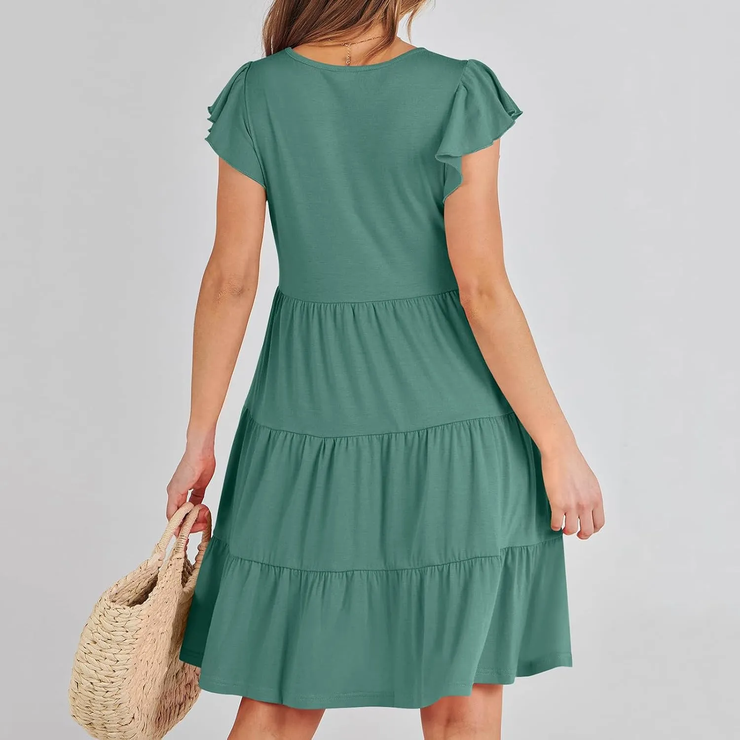 Sundresses for Women Ruffles Cap Sleeve Short Mini Dress Wedding Guest Cute Mini Tiered Babydoll Casual Summer Dress