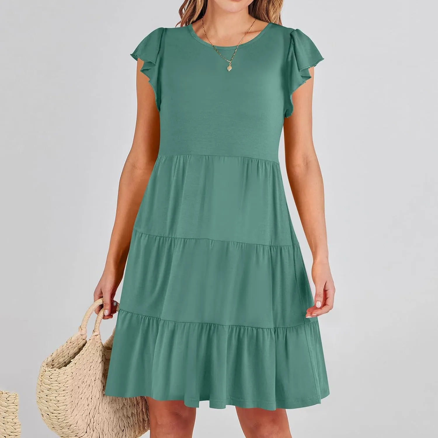 Sundresses for Women Ruffles Cap Sleeve Short Mini Dress Wedding Guest Cute Mini Tiered Babydoll Casual Summer Dress