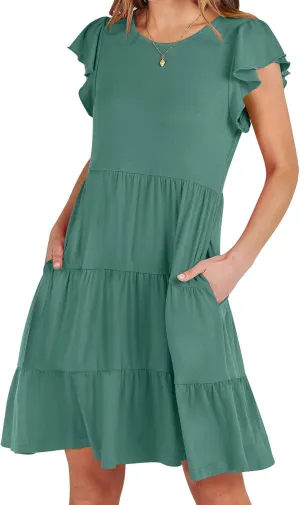 Sundresses for Women Ruffles Cap Sleeve Short Mini Dress Wedding Guest Cute Mini Tiered Babydoll Casual Summer Dress