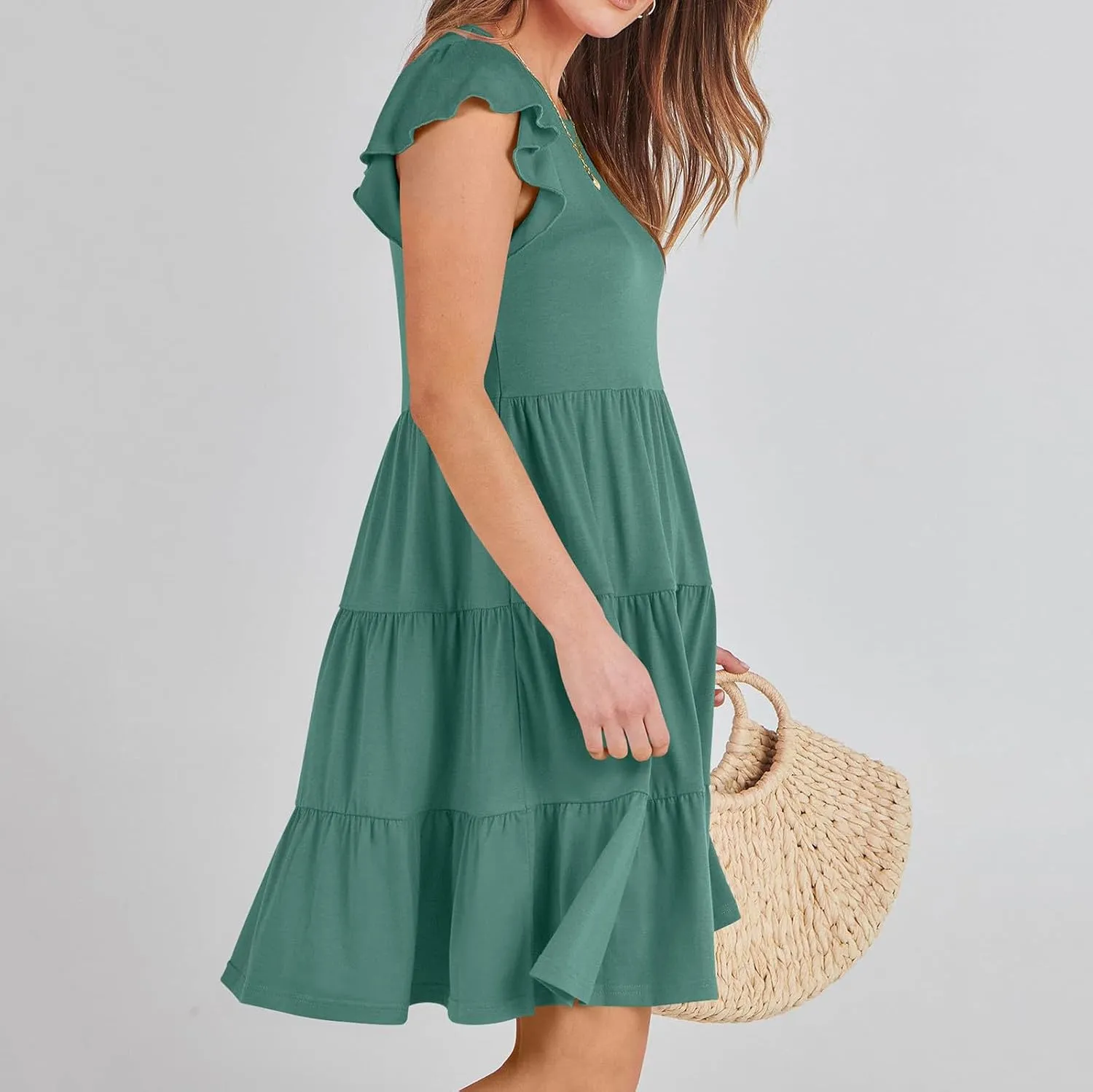 Sundresses for Women Ruffles Cap Sleeve Short Mini Dress Wedding Guest Cute Mini Tiered Babydoll Casual Summer Dress