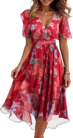 Sundresses for Women,Cocktail Prom Summer Sexy Dress Chiffon Womens Spring Dresses Wrap Flowy Wedding Guest