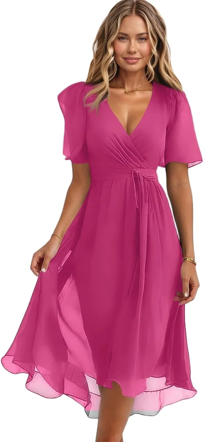 Sundresses for Women,Cocktail Prom Summer Sexy Dress Chiffon Womens Spring Dresses Wrap Flowy Wedding Guest