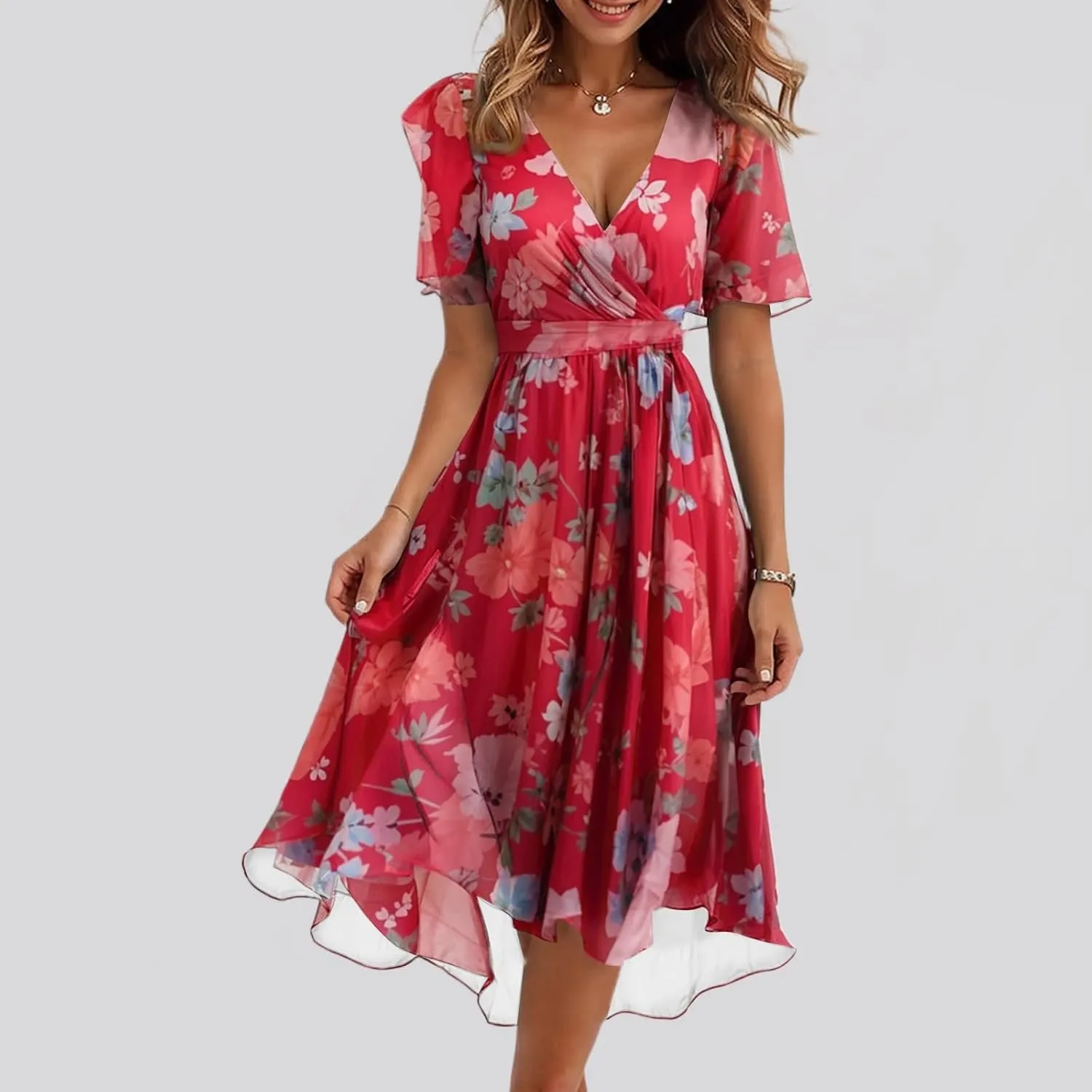 Sundresses for Women,Cocktail Prom Summer Sexy Dress Chiffon Womens Spring Dresses Wrap Flowy Wedding Guest