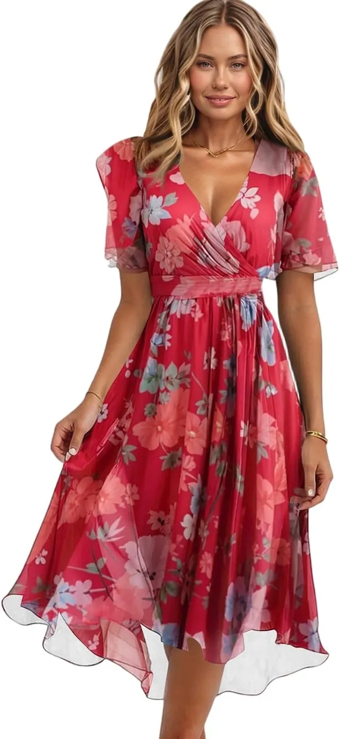 Sundresses for Women,Cocktail Prom Summer Sexy Dress Chiffon Womens Spring Dresses Wrap Flowy Wedding Guest